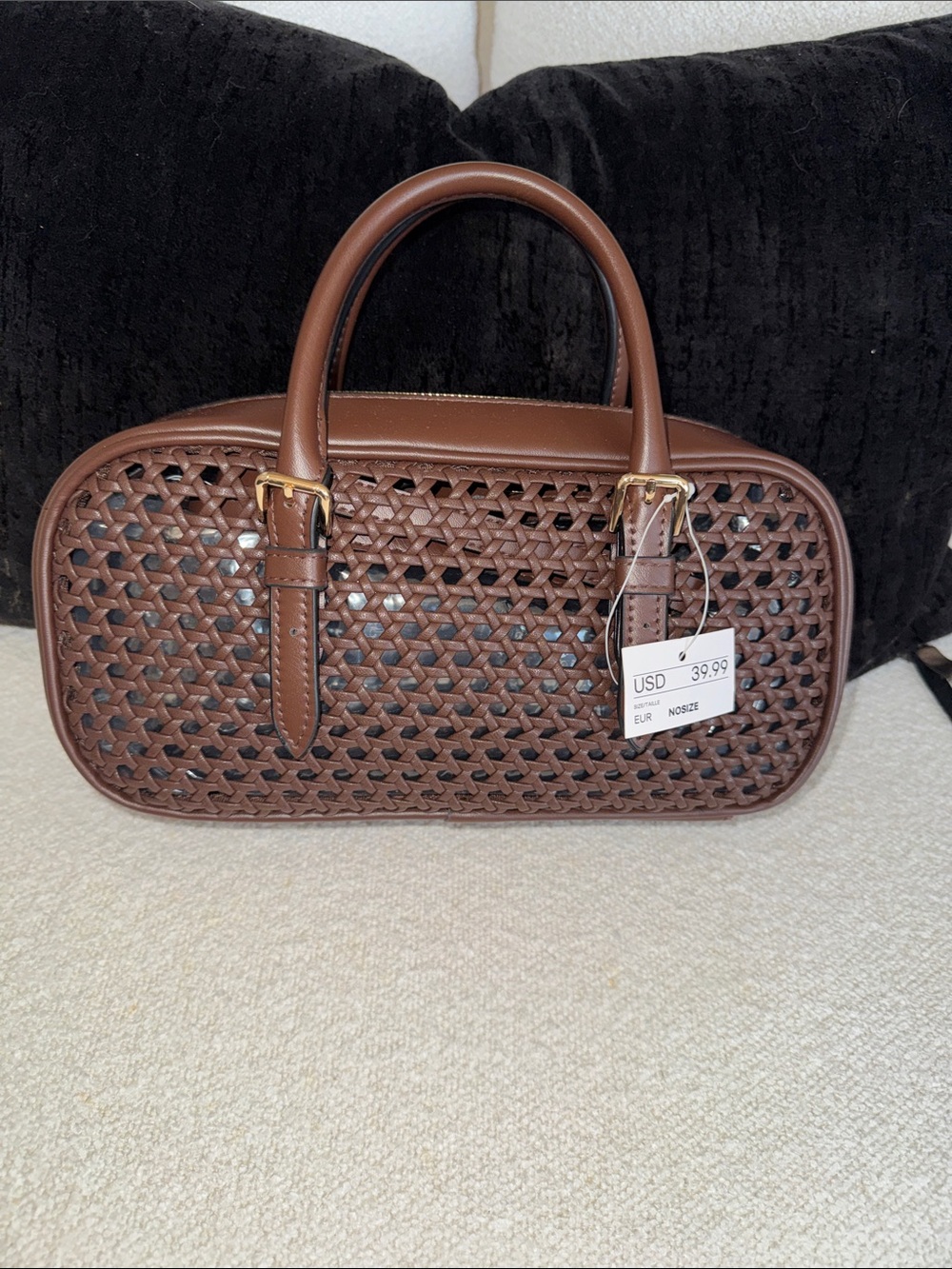 H&M Brown Woven Top-Handle Crossbody Bag